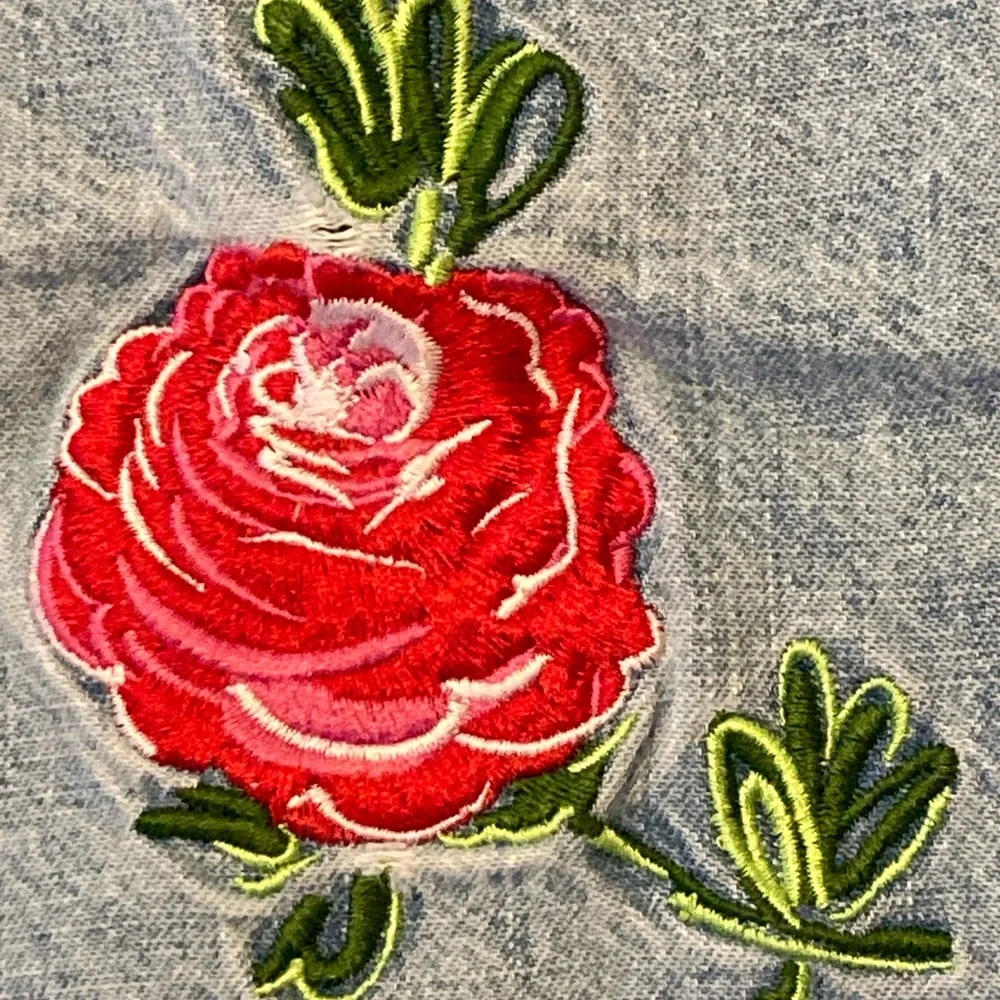 Girls Route 66 Light Blue Jean Jacket with Red Floral Embroidery (size 10/12)